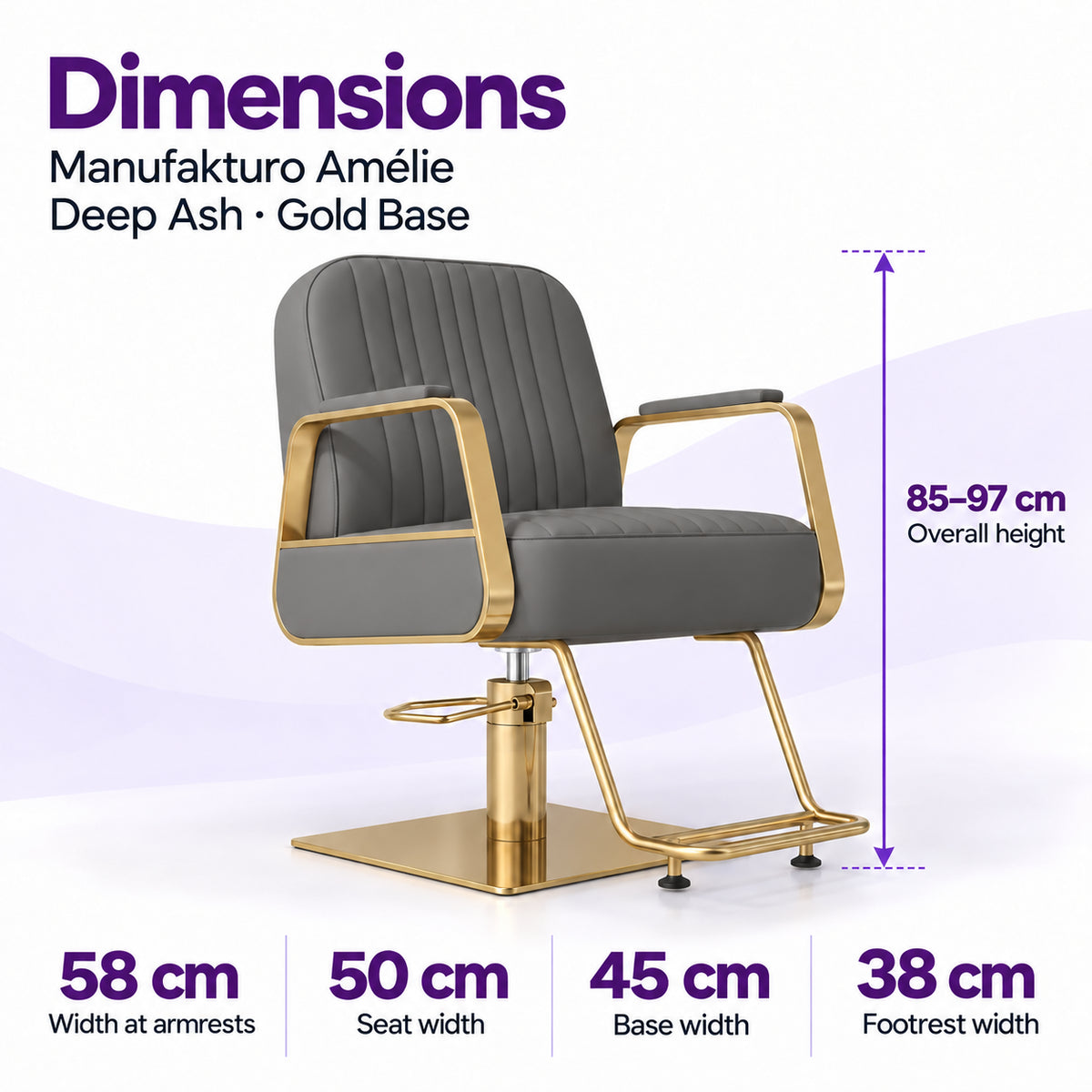 Manufakturo Amélie Deep Ash styling chair dimensions: overall height 85–97 cm, width at armrests 58 cm, seat width 50 cm, base width 45 cm and footrest width 38 cm.