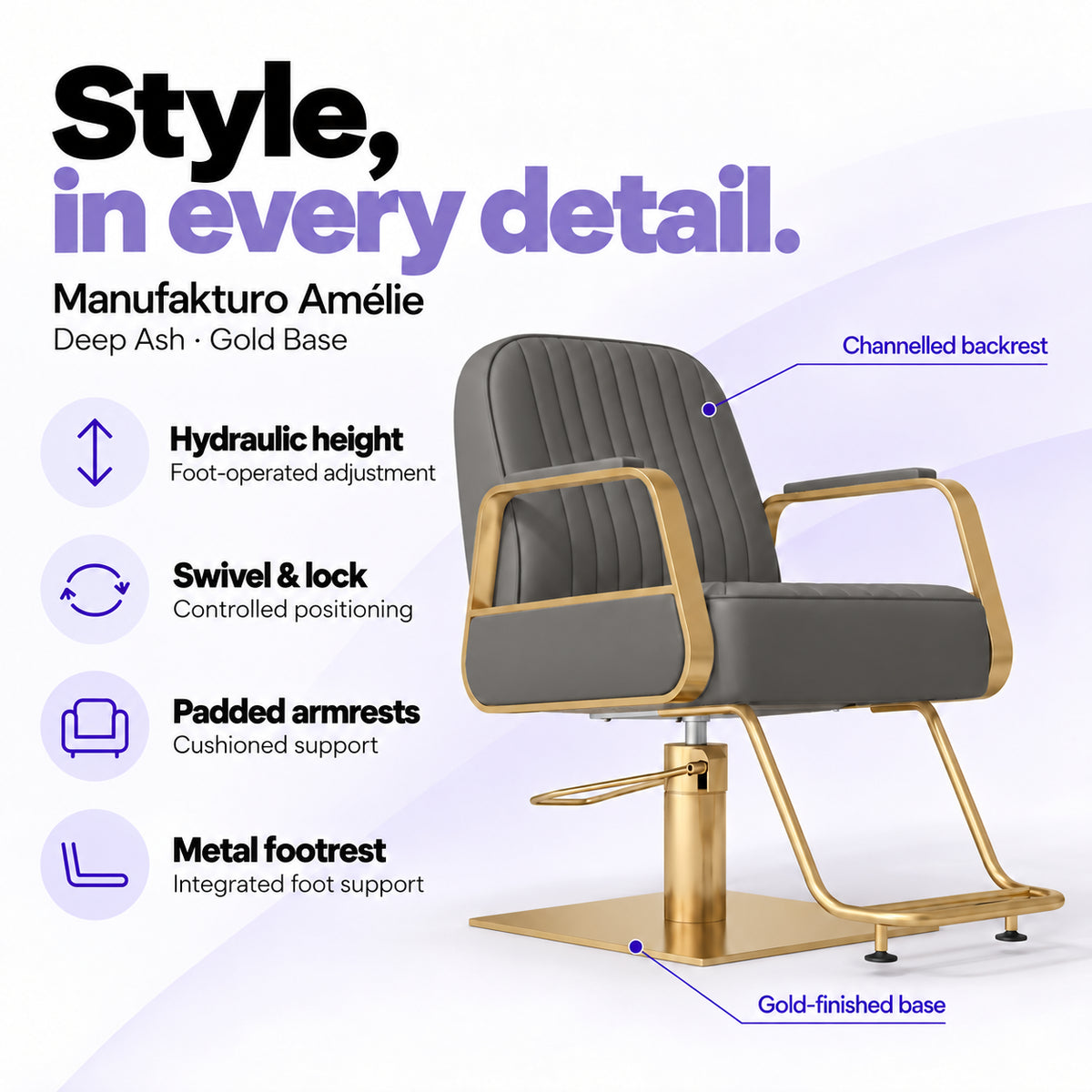 Manufakturo Amélie Deep Ash styling chair with gold base, hydraulic height adjustment, swivel and lock, padded armrests and integrated metal footrest.