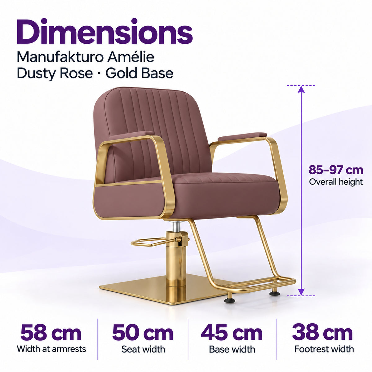 Manufakturo Amélie Dusty Rose styling chair dimensions: overall height 85–97 cm, width at armrests 58 cm, seat width 50 cm, base width 45 cm and footrest width 38 cm.