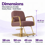 Manufakturo Amélie Dusty Rose styling chair dimensions: overall height 85–97 cm, width at armrests 58 cm, seat width 50 cm, base width 45 cm and footrest width 38 cm.