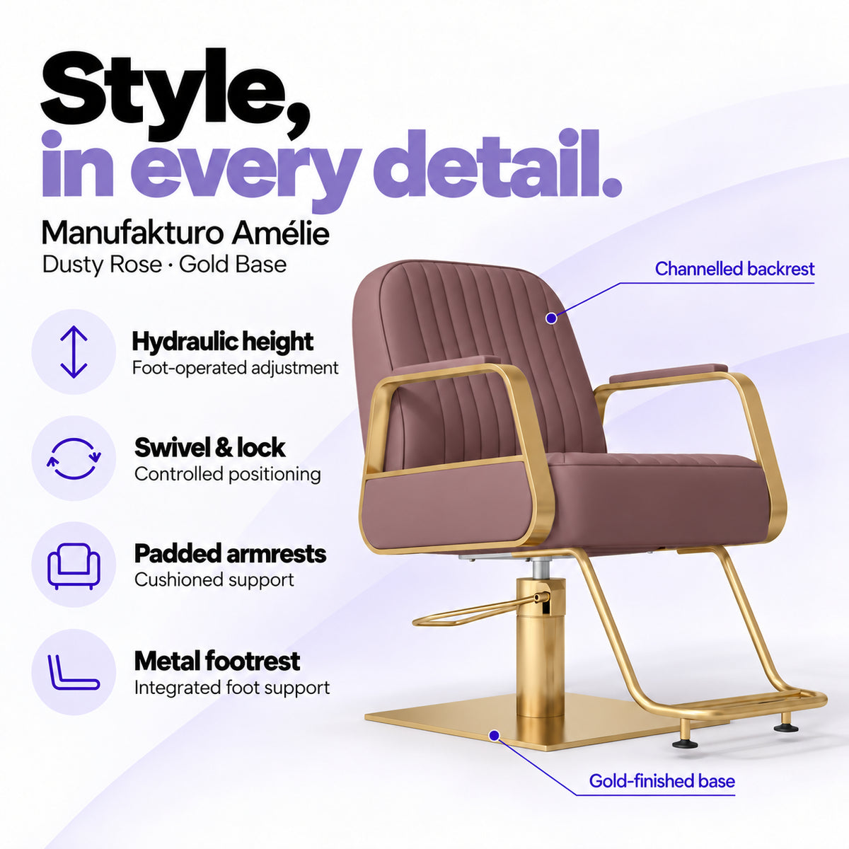 Manufakturo Amélie Dusty Rose styling chair with gold base, hydraulic height adjustment, swivel and lock, padded armrests and integrated metal footrest.