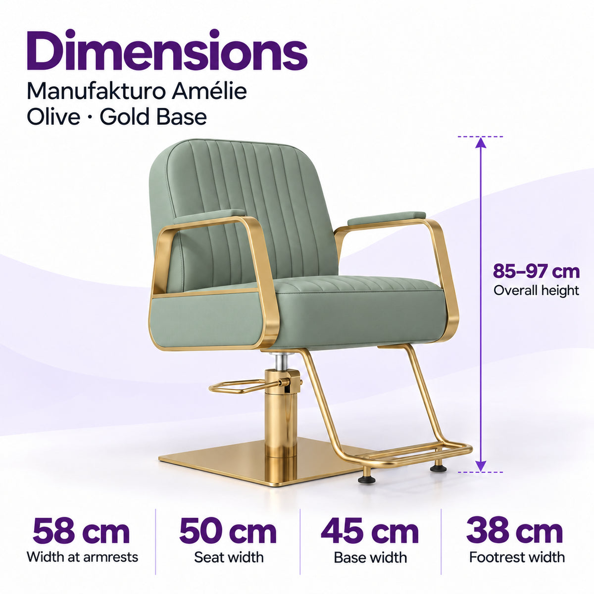Manufakturo Amélie Olive styling chair dimensions: overall height 85–97 cm, width at armrests 58 cm, seat width 50 cm, base width 45 cm and footrest width 38 cm.