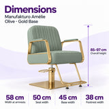Manufakturo Amélie Olive styling chair dimensions: overall height 85–97 cm, width at armrests 58 cm, seat width 50 cm, base width 45 cm and footrest width 38 cm.