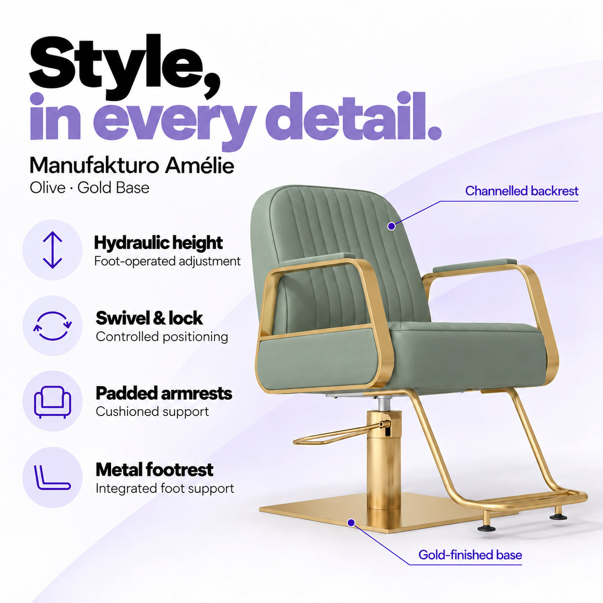 Manufakturo Amélie Olive styling chair with gold base, hydraulic height adjustment, swivel and lock, padded armrests and integrated metal footrest.