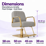 Manufakturo Amélie Pearl Greige styling chair dimensions: overall height 85–97 cm, width at armrests 58 cm, seat width 50 cm, base width 45 cm and footrest width 38 cm.