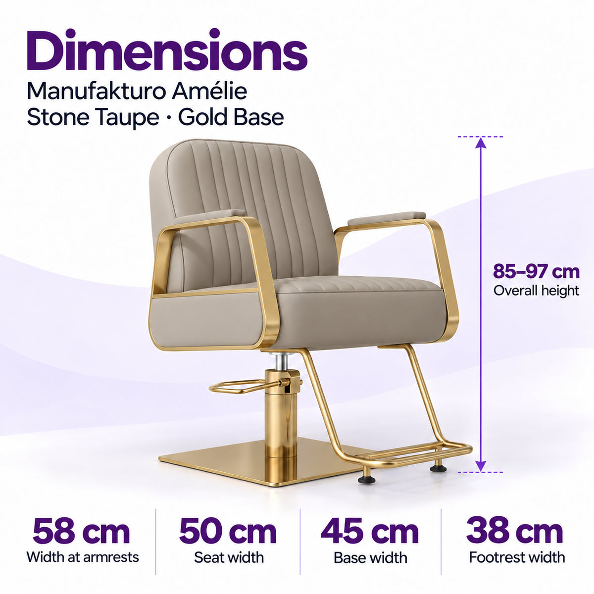 Manufakturo Amélie Stone Taupe styling chair dimensions: overall height 85–97 cm, width at armrests 58 cm, seat width 50 cm, base width 45 cm and footrest width 38 cm.