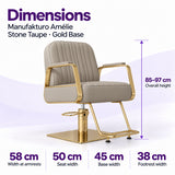 Manufakturo Amélie Stone Taupe styling chair dimensions: overall height 85–97 cm, width at armrests 58 cm, seat width 50 cm, base width 45 cm and footrest width 38 cm.