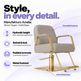 Manufakturo Amélie Stone Taupe styling chair with gold base, hydraulic height adjustment, swivel and lock, padded armrests and integrated metal footrest.