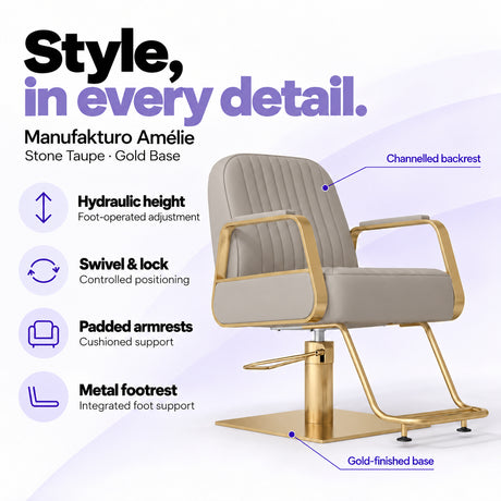 Manufakturo Amélie Stone Taupe styling chair with gold base, hydraulic height adjustment, swivel and lock, padded armrests and integrated metal footrest.