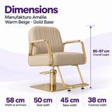 Manufakturo Amélie Warm Beige styling chair dimensions: overall height 85–97 cm, width at armrests 58 cm, seat width 50 cm, base width 45 cm and footrest width 38 cm.