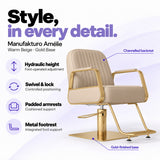 Manufakturo Amélie Warm Beige styling chair with gold base, hydraulic height adjustment, swivel and lock, padded armrests and integrated metal footrest.