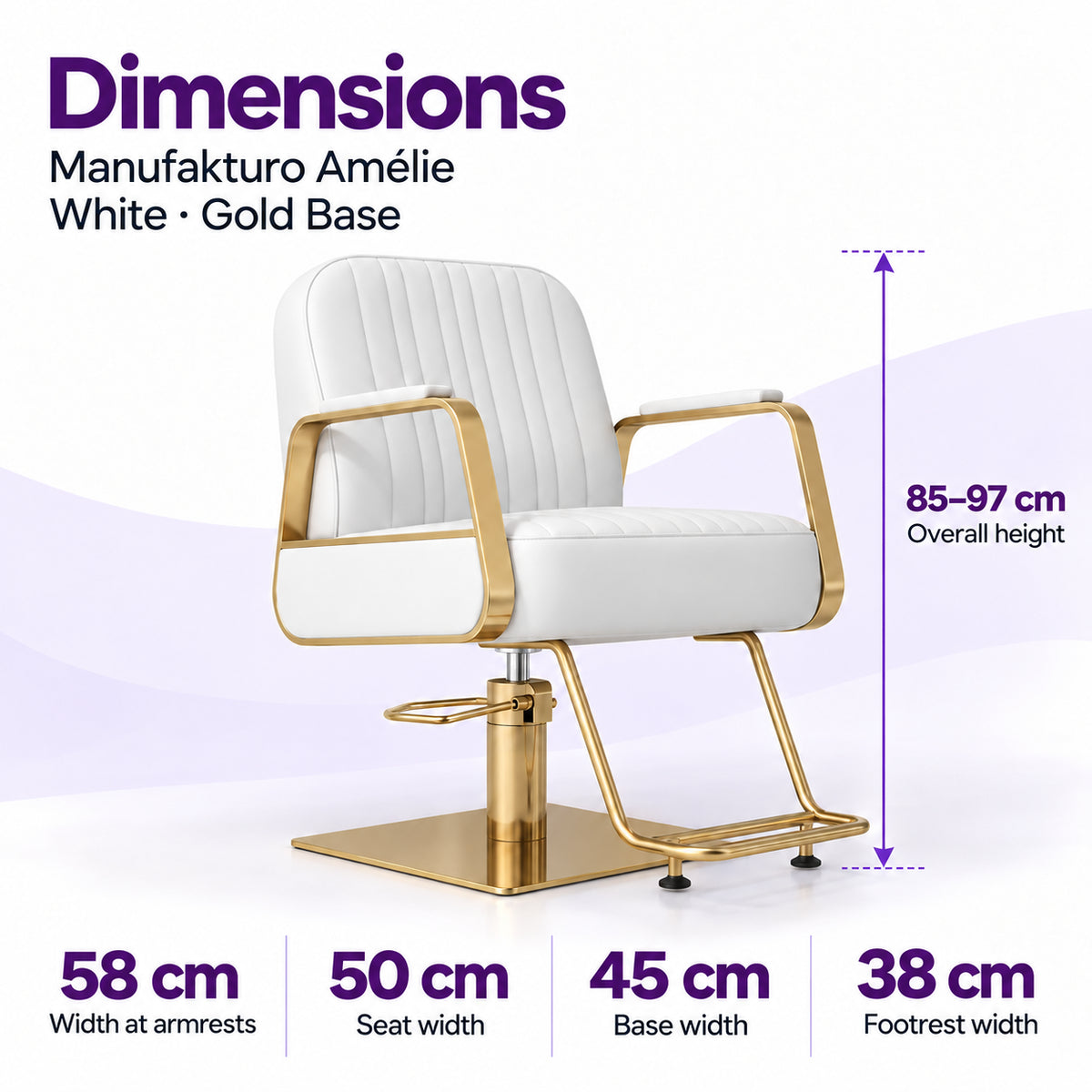 Manufakturo Amélie White styling chair dimensions: overall height 85–97 cm, width at armrests 58 cm, seat width 50 cm, base width 45 cm and footrest width 38 cm.