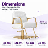 Manufakturo Amélie White styling chair dimensions: overall height 85–97 cm, width at armrests 58 cm, seat width 50 cm, base width 45 cm and footrest width 38 cm.