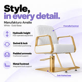 Manufakturo Amélie White styling chair with gold base, hydraulic height adjustment, swivel and lock, padded armrests and integrated metal footrest.