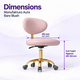 Manufakturo Aura Bare Blush beauty stool dimensions showing a 45 cm seat width and approximate seat height adjustment from 49 to 63 cm.