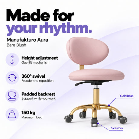 Manufakturo Aura Bare Blush beauty stool with gas-lift height adjustment, 360-degree swivel, padded backrest, gold five-spoke base, five castors and 150 kg maximum load.