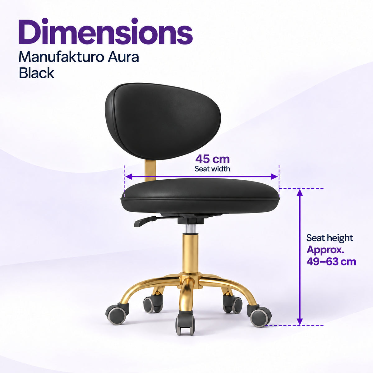 Manufakturo Aura Black beauty stool dimensions showing a 45 cm seat width and approximate seat height adjustment from 49 to 63 cm.