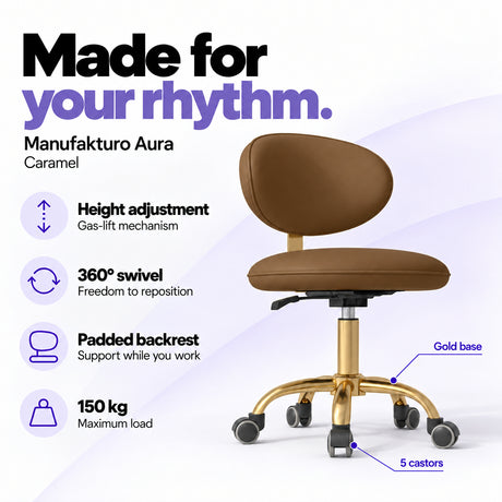 Manufakturo Aura Caramel beauty stool with gas-lift height adjustment, 360-degree swivel, padded backrest, gold five-spoke base, five castors and 150 kg maximum load.
