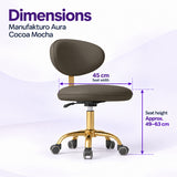 Manufakturo Aura Cocoa Mocha beauty stool dimensions showing a 45 cm seat width and approximate seat height adjustment from 49 to 63 cm.