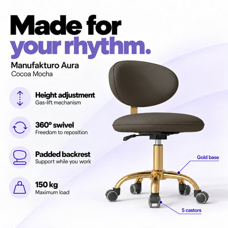 Manufakturo Aura Cocoa Mocha beauty stool with gas-lift height adjustment, 360-degree swivel, padded backrest, gold five-spoke base, five castors and 150 kg maximum load.