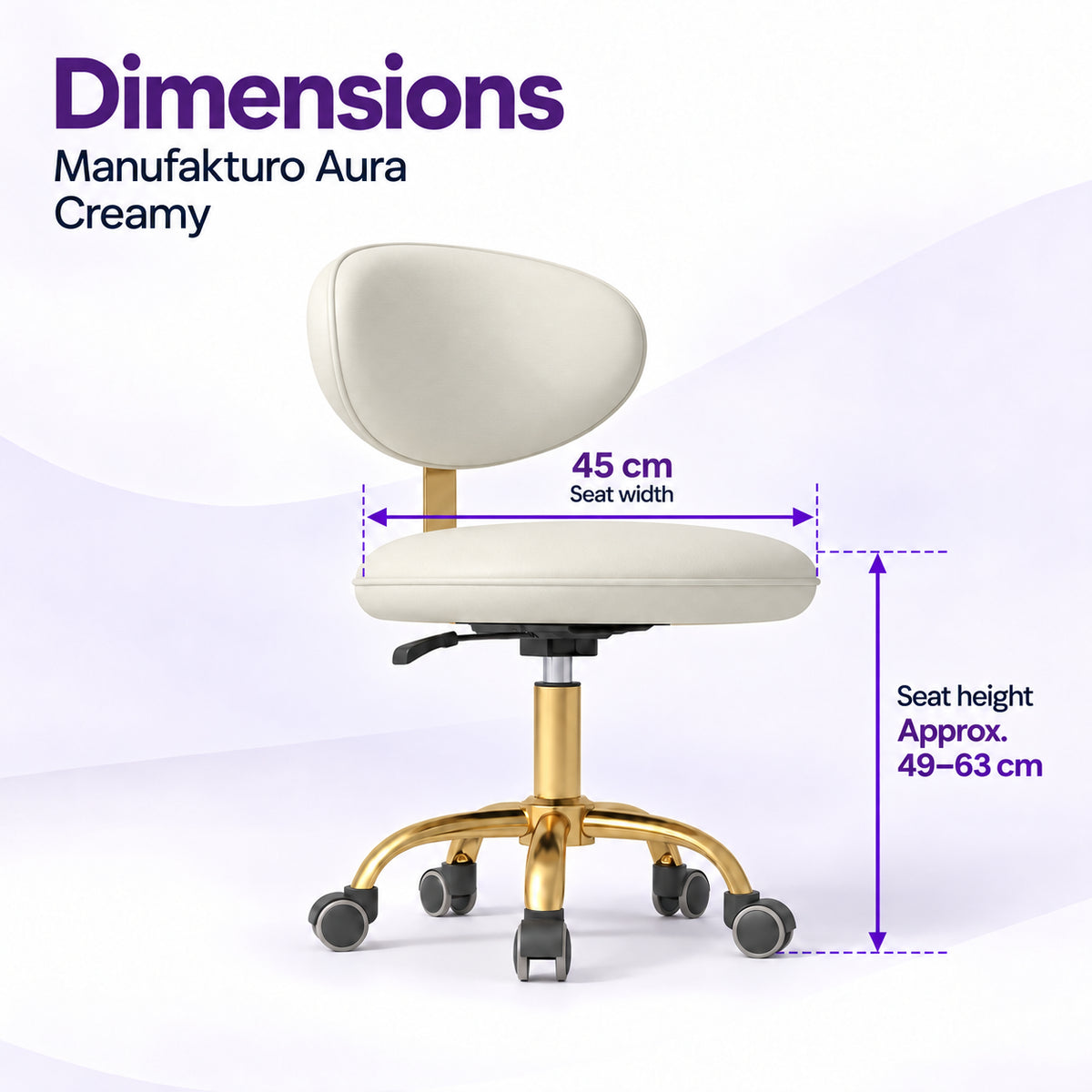 Manufakturo Aura Creamy beauty stool dimensions showing a 45 cm seat width and approximate seat height adjustment from 49 to 63 cm.