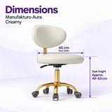 Manufakturo Aura Creamy beauty stool dimensions showing a 45 cm seat width and approximate seat height adjustment from 49 to 63 cm.