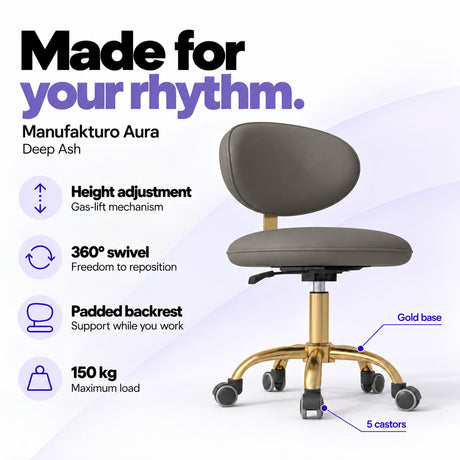 Manufakturo Aura Deep Ash beauty stool with gas-lift height adjustment, 360-degree swivel, padded backrest, gold five-spoke base, five castors and 150 kg maximum load.
