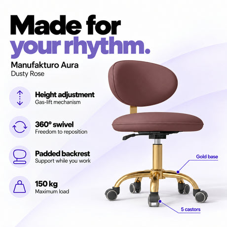 Manufakturo Aura Dusty Rose beauty stool with gas-lift height adjustment, 360-degree swivel, padded backrest, gold five-spoke base, five castors and 150 kg maximum load.