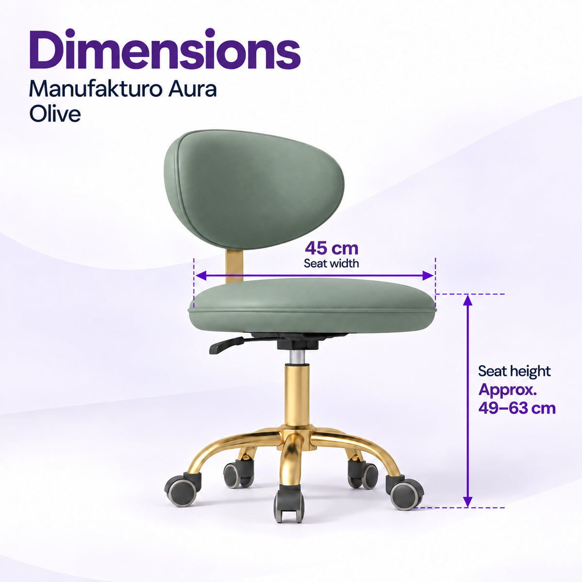 Manufakturo Aura Olive beauty stool dimensions showing a 45 cm seat width and approximate seat height adjustment from 49 to 63 cm.
