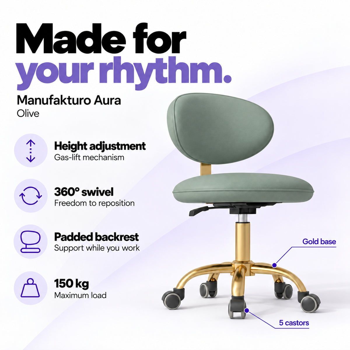Manufakturo Aura Olive beauty stool with gas-lift height adjustment, 360-degree swivel, padded backrest, gold five-spoke base, five castors and 150 kg maximum load.