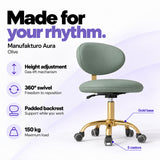 Manufakturo Aura Olive beauty stool with gas-lift height adjustment, 360-degree swivel, padded backrest, gold five-spoke base, five castors and 150 kg maximum load.