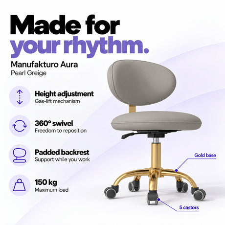 Manufakturo Aura Pearl Greige beauty stool with gas-lift height adjustment, 360-degree swivel, padded backrest, gold five-spoke base, five castors and 150 kg maximum load.