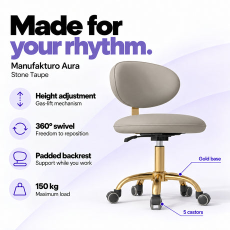 Manufakturo Aura Stone Taupe beauty stool with gas-lift height adjustment, 360-degree swivel, padded backrest, gold five-spoke base, five castors and 150 kg maximum load.