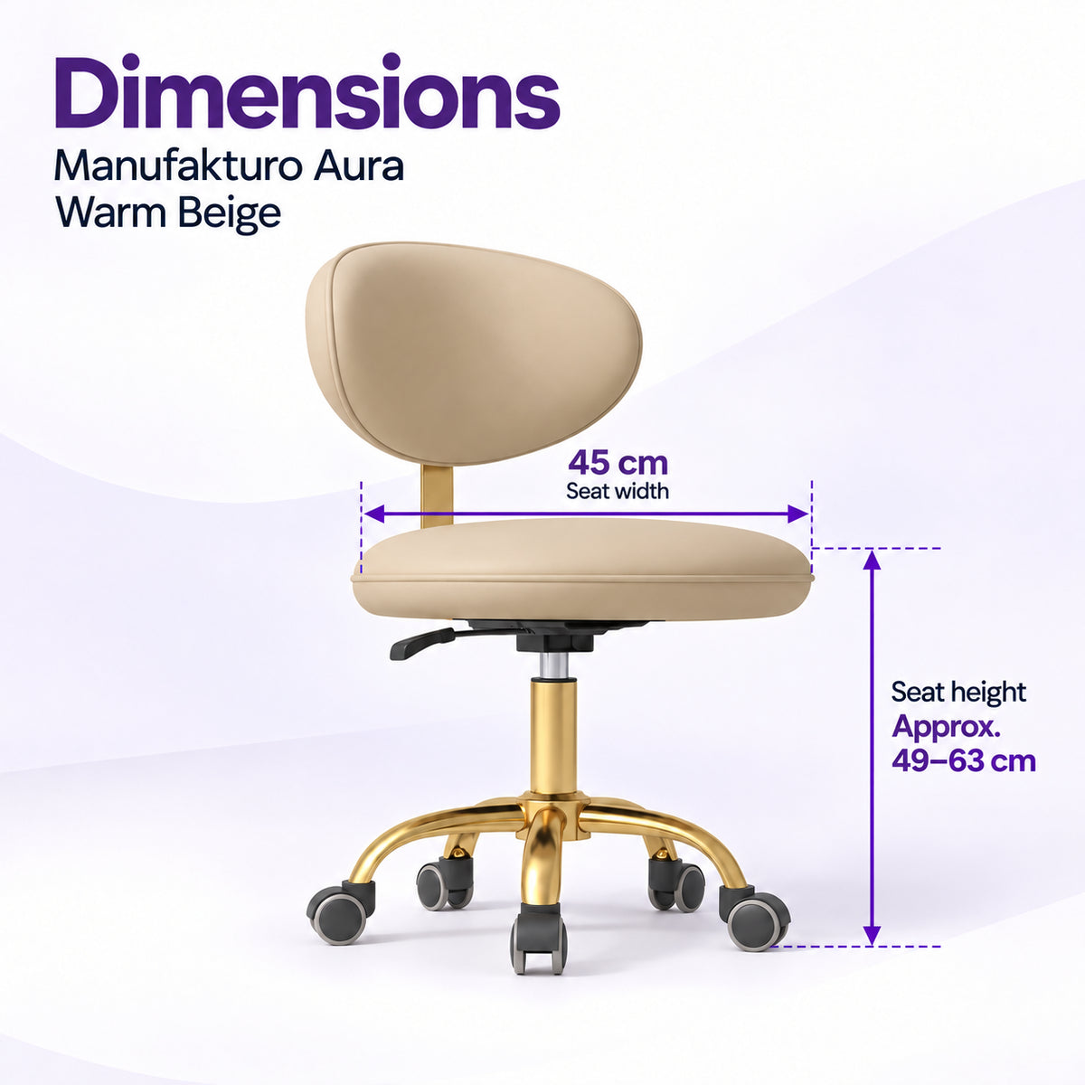 Manufakturo Aura Warm Beige beauty stool dimensions showing a 45 cm seat width and approximate seat height adjustment from 49 to 63 cm.