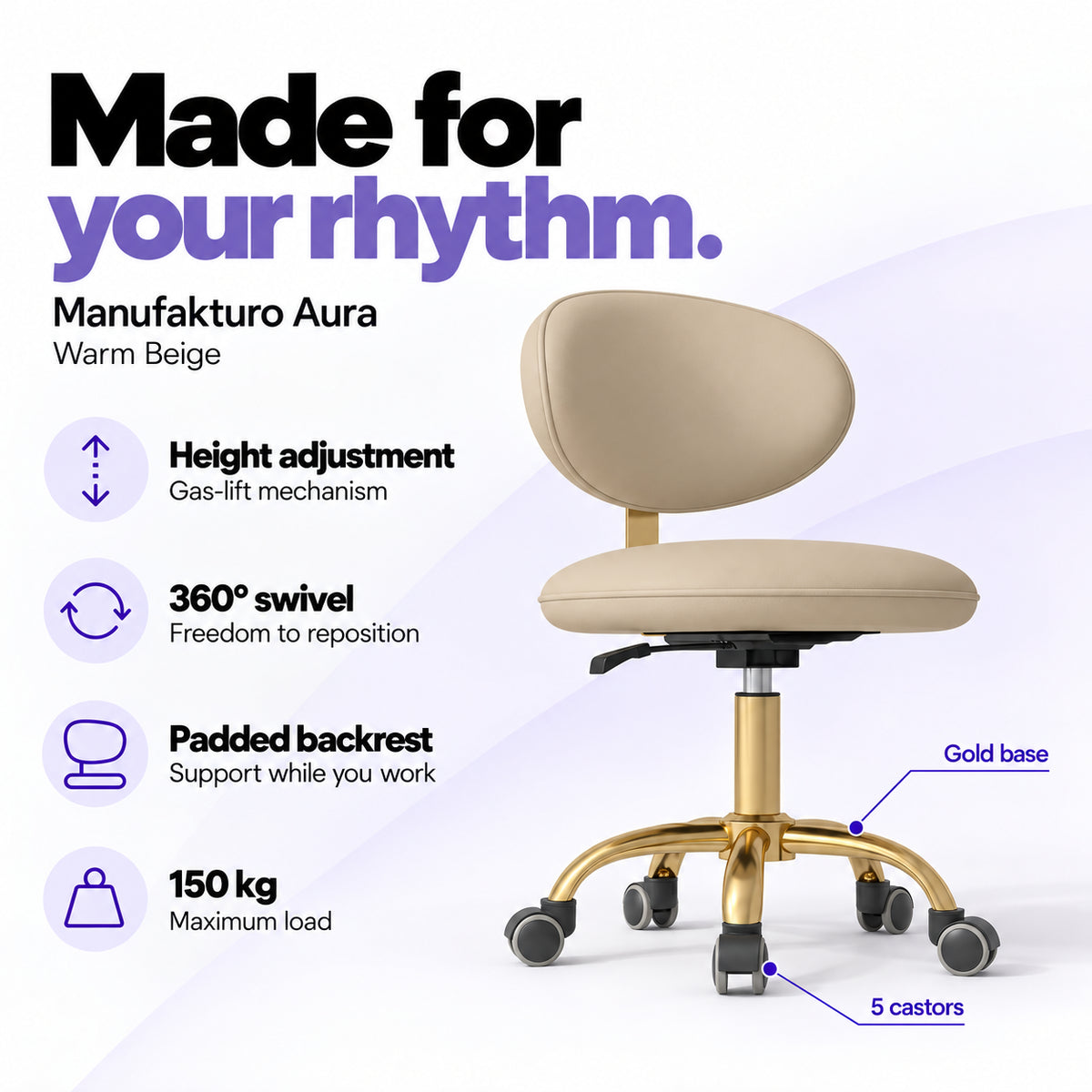 Manufakturo Aura Warm Beige beauty stool with gas-lift height adjustment, 360-degree swivel, padded backrest, gold five-spoke base, five castors and 150 kg maximum load.
