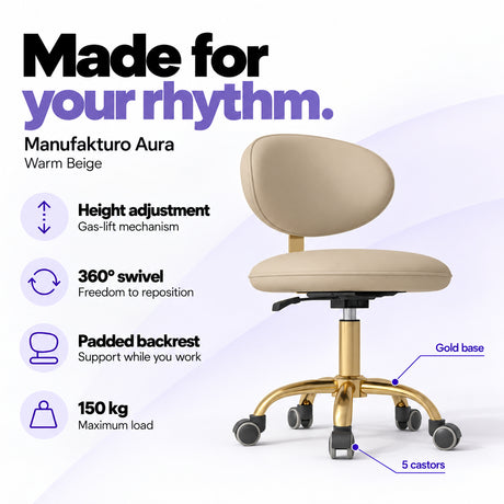Manufakturo Aura Warm Beige beauty stool with gas-lift height adjustment, 360-degree swivel, padded backrest, gold five-spoke base, five castors and 150 kg maximum load.