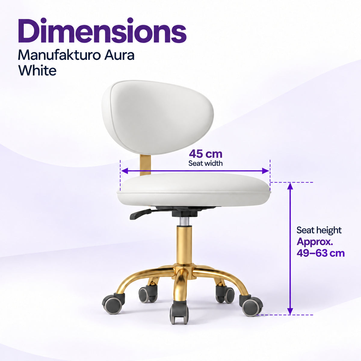 Manufakturo Aura White beauty stool dimensions showing a 45 cm seat width and approximate seat height adjustment from 49 to 63 cm.