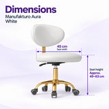 Manufakturo Aura White beauty stool dimensions showing a 45 cm seat width and approximate seat height adjustment from 49 to 63 cm.
