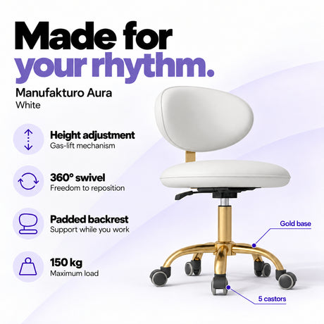 Manufakturo Aura White beauty stool with gas-lift height adjustment, 360-degree swivel, padded backrest, gold five-spoke base, five castors and 150 kg maximum load.