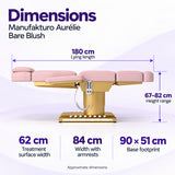 Manufakturo Aurélie Bare Blush beauty bed dimensions: 180 cm length, 62 cm treatment surface width, 84 cm width with armrests, 67–82 cm height and 90 x 51 cm base footprint.