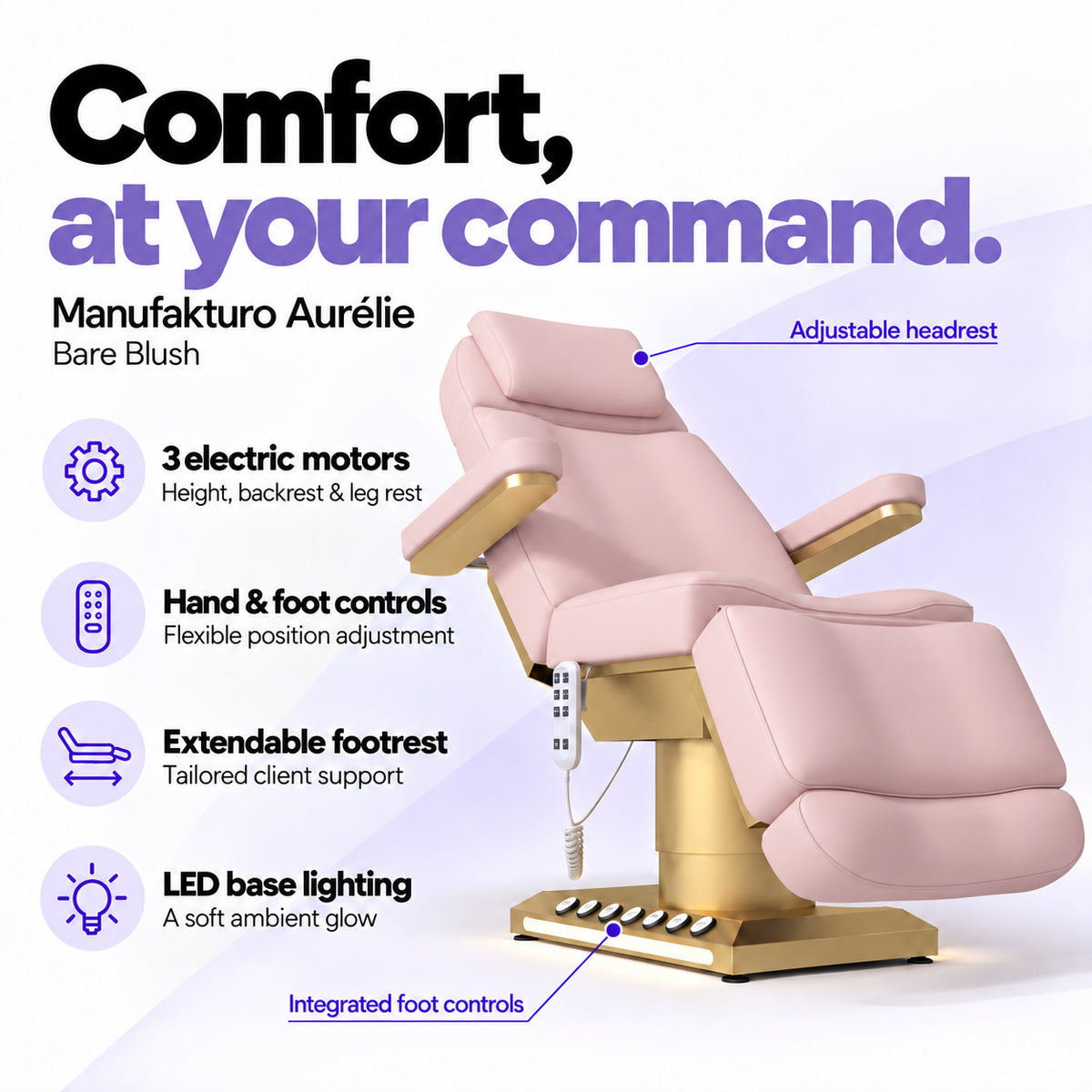 Manufakturo Aurélie Bare Blush electric beauty bed with 3 motors, hand and integrated foot controls, extendable footrest, adjustable headrest and LED base lighting.