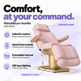 Manufakturo Aurélie Bare Blush electric beauty bed with 3 motors, hand and integrated foot controls, extendable footrest, adjustable headrest and LED base lighting.