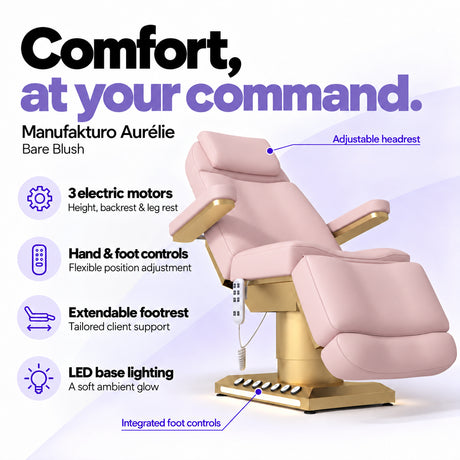 Manufakturo Aurélie Bare Blush electric beauty bed with 3 motors, hand and integrated foot controls, extendable footrest, adjustable headrest and LED base lighting.
