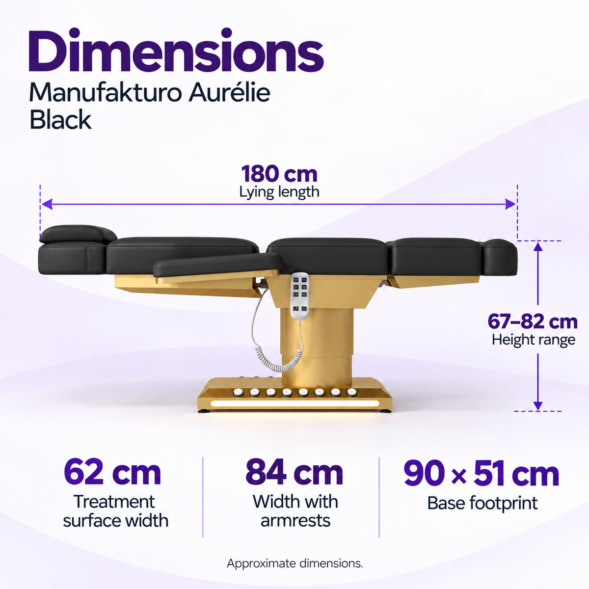 Manufakturo Aurélie Black beauty bed dimensions: 180 cm length, 62 cm treatment surface width, 84 cm width with armrests, 67–82 cm height and 90 x 51 cm base footprint.