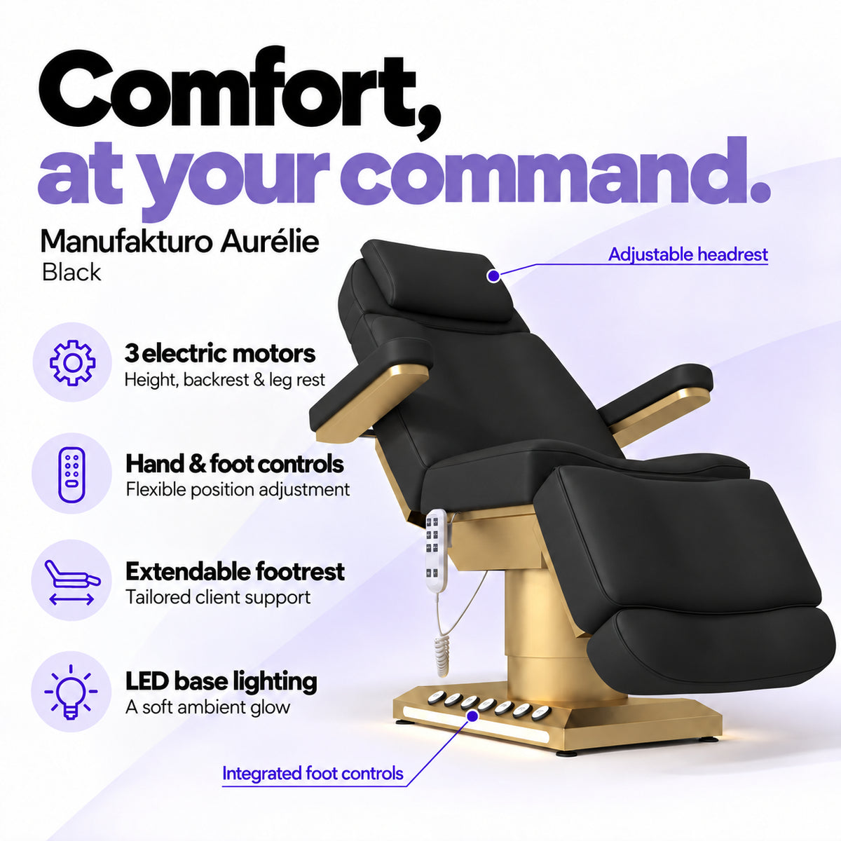 Manufakturo Aurélie Black electric beauty bed with 3 motors, hand and integrated foot controls, extendable footrest, adjustable headrest and LED base lighting.