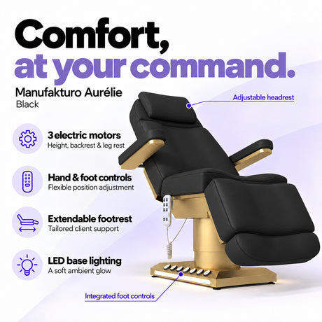 Manufakturo Aurélie Black electric beauty bed with 3 motors, hand and integrated foot controls, extendable footrest, adjustable headrest and LED base lighting.