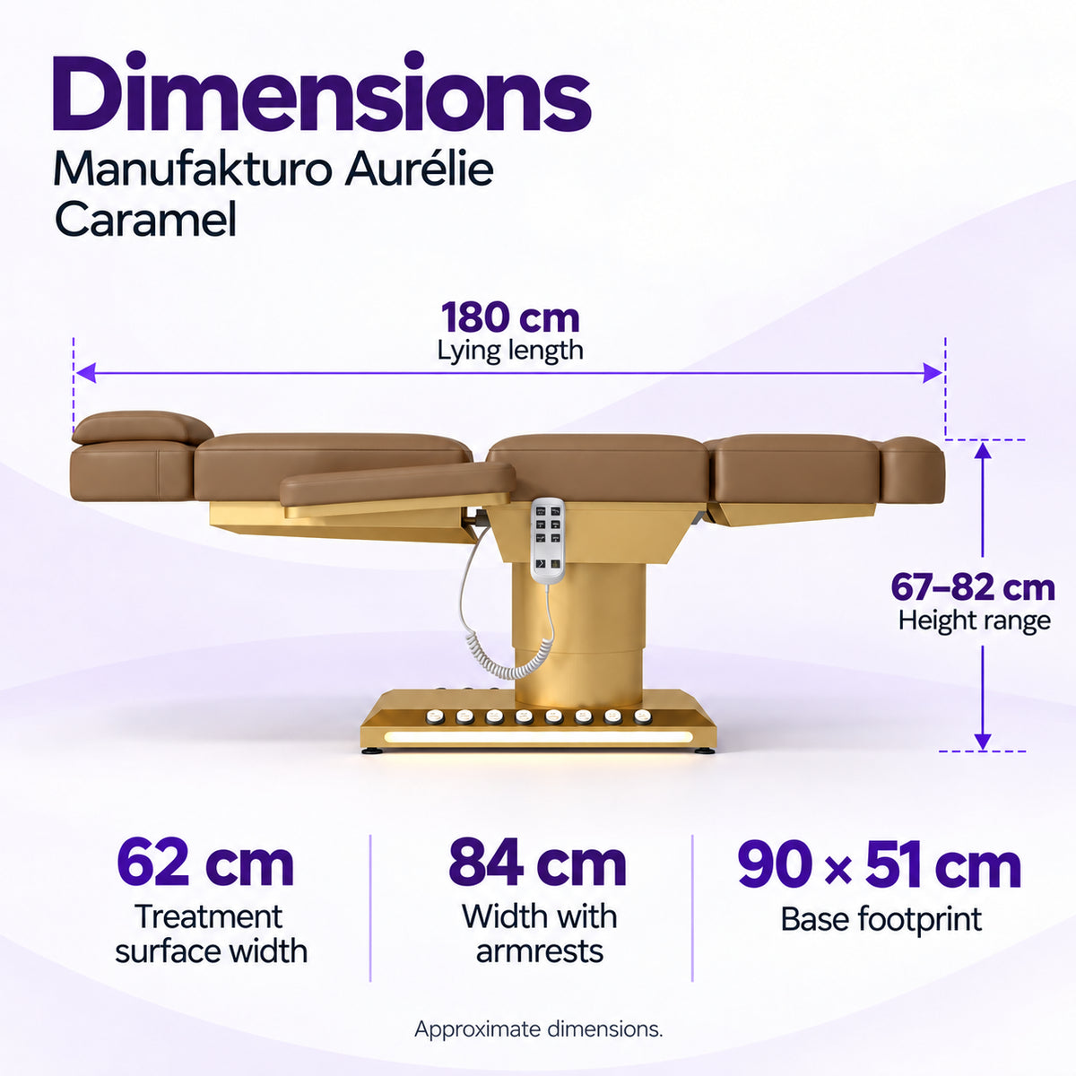 Manufakturo Aurélie Caramel beauty bed dimensions: 180 cm length, 62 cm treatment surface width, 84 cm width with armrests, 67–82 cm height and 90 x 51 cm base footprint.