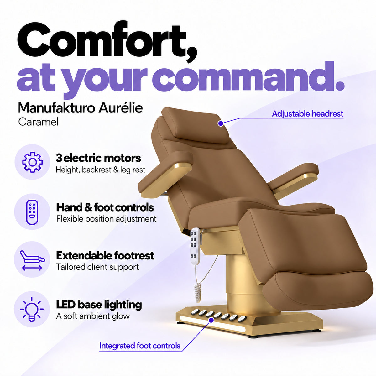 Manufakturo Aurélie Caramel electric beauty bed with 3 motors, hand and integrated foot controls, extendable footrest, adjustable headrest and LED base lighting.