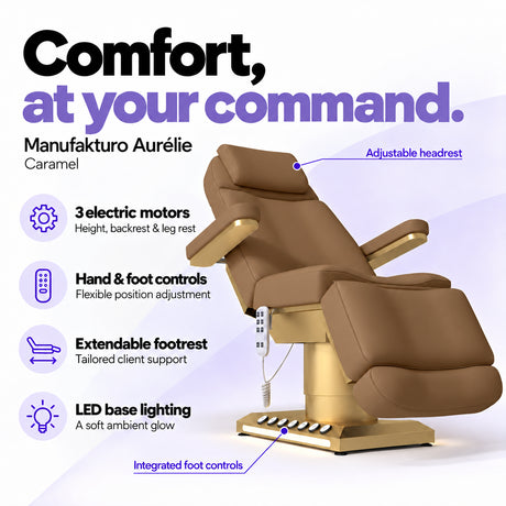 Manufakturo Aurélie Caramel electric beauty bed with 3 motors, hand and integrated foot controls, extendable footrest, adjustable headrest and LED base lighting.