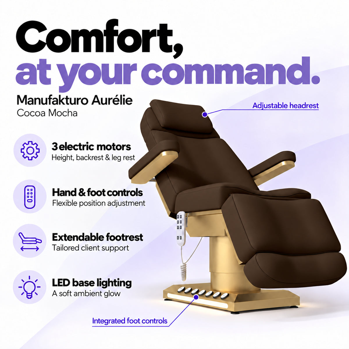Manufakturo Aurélie Cocoa Mocha electric beauty bed with 3 motors, hand and integrated foot controls, extendable footrest, adjustable headrest and LED base lighting.